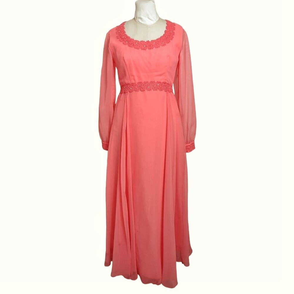 Vintage 2 Piece Long Maxi Evening Dress Matching Vest Coral Orange Chiffon 70s - Picture 5 of 13